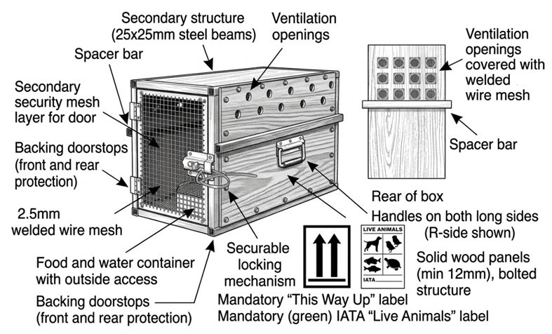 Diagram of a wooden travel container showing secondary steel structure, welded wire mesh, ventilation openings, secure locking mechanism, and mandatory Live Animals and This Way Up labels