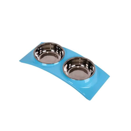 Curved Steel Stainless Double Pet Bowl - blue