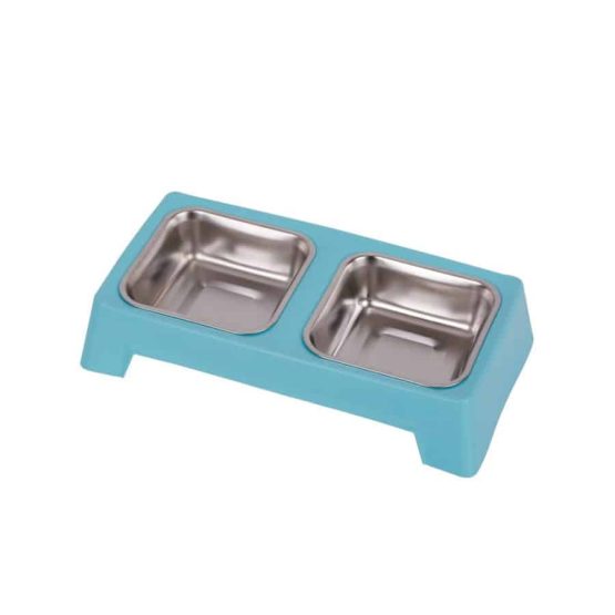 Stainless Steel Double Dog Feeding Bowl - blue